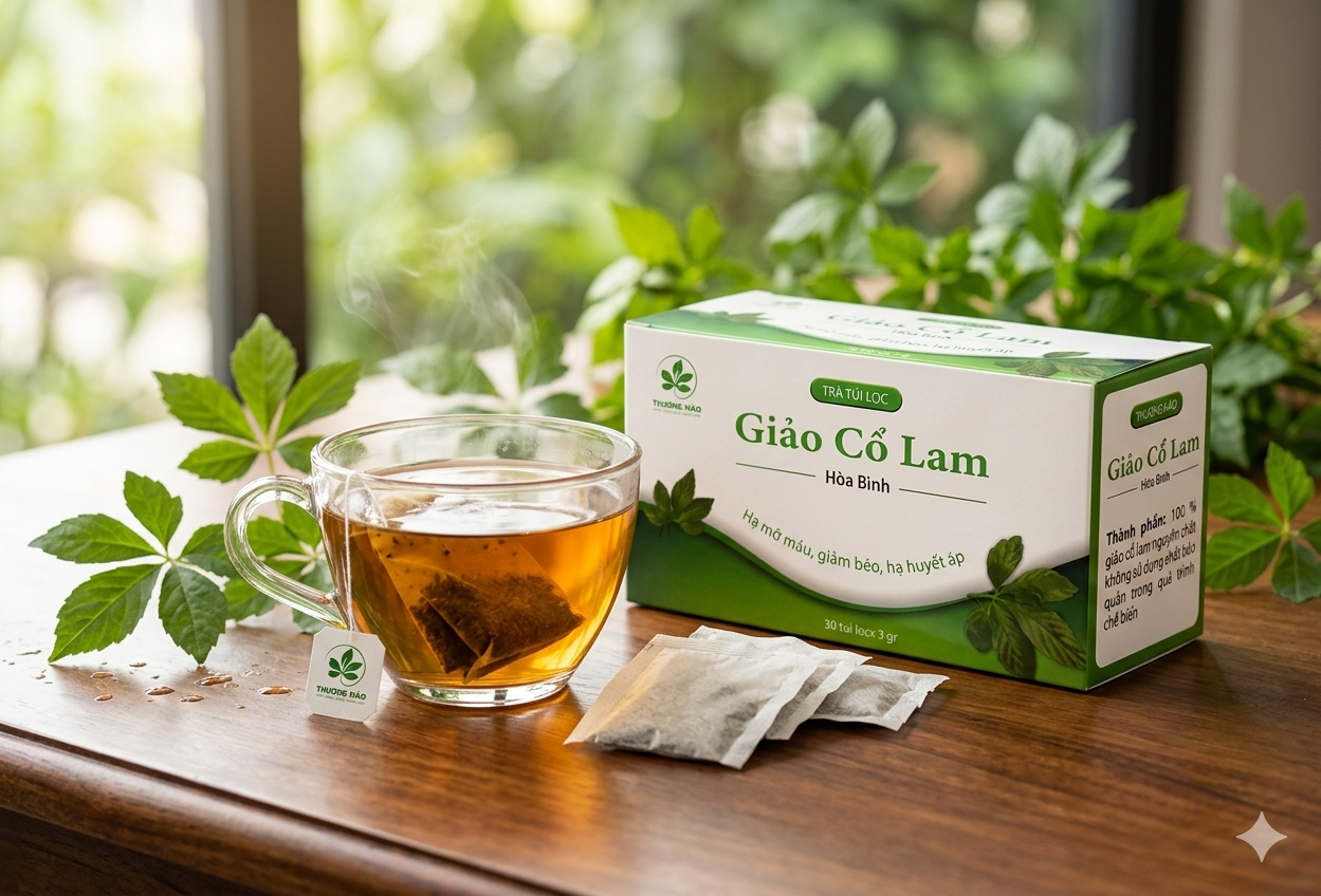 Giảo cổ lam túi lọc Thương Hảo là sản phẩm trà thảo dược tự nhiên từ vùng núi Hòa Bình, nổi tiếng với công dụng hỗ trợ hạ mỡ máu, ổn định huyết áp, bảo vệ gan và cải thiện giấc ngủ. Sản phẩm mang lại sự tiện lợi, dễ dàng sử dụng mỗi ngày